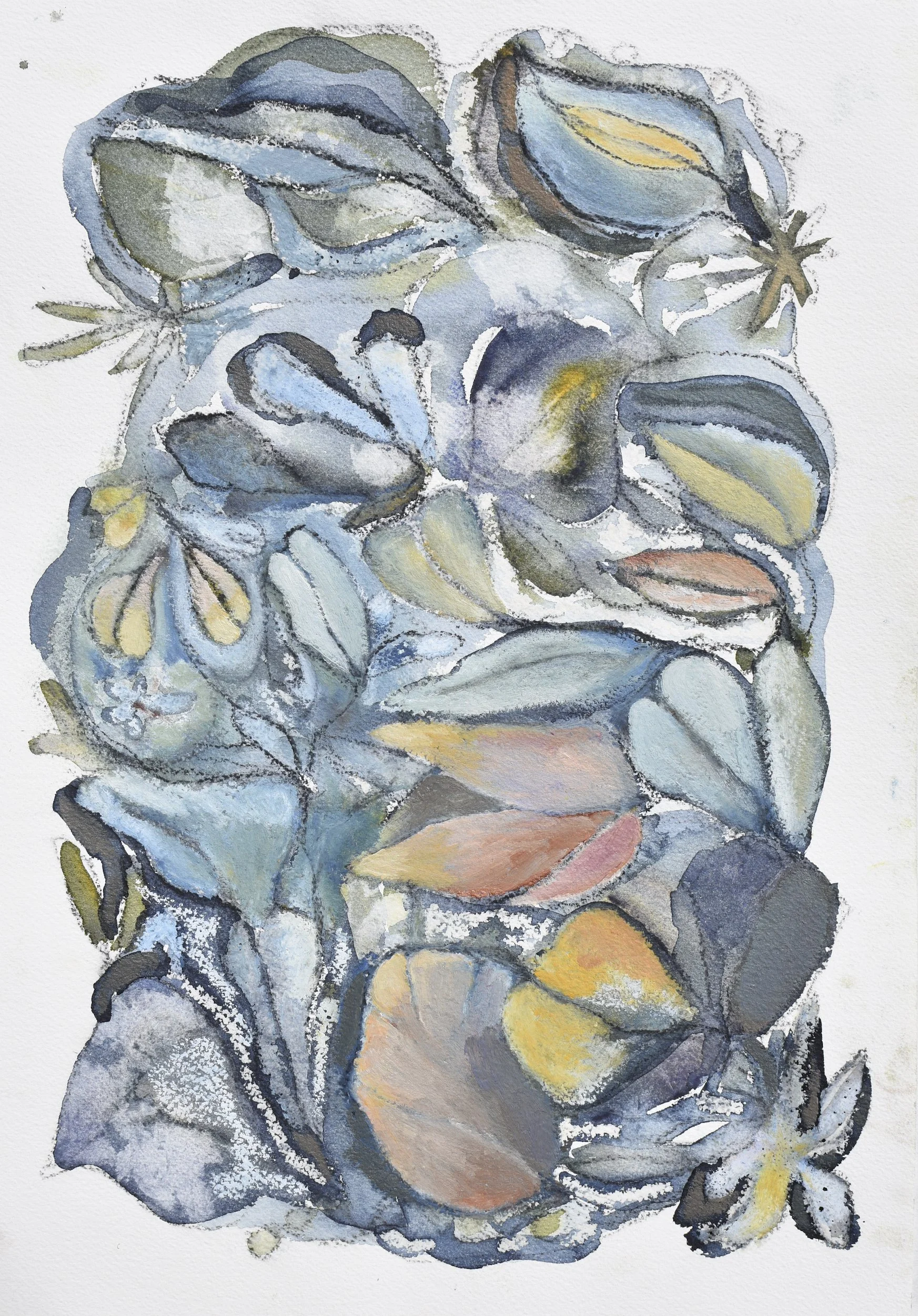Mixed media painting of various abstract leaves and flowers on paper. Soft pastel colours such as blue, yellow, pink, and gray.