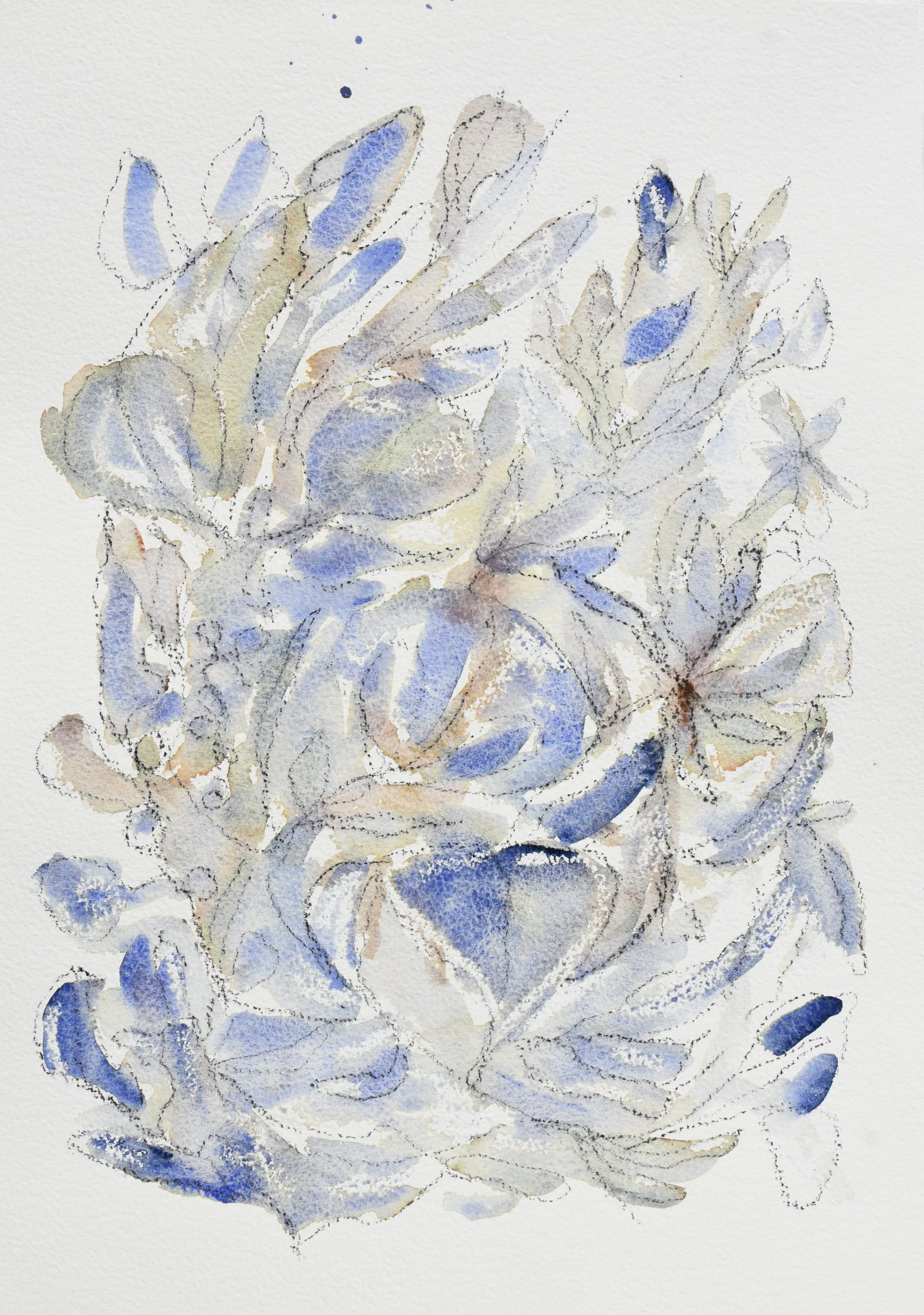 Mixed media and watercolour painting of foliage and flowers in blue, beige, and gray hues depicted on paper