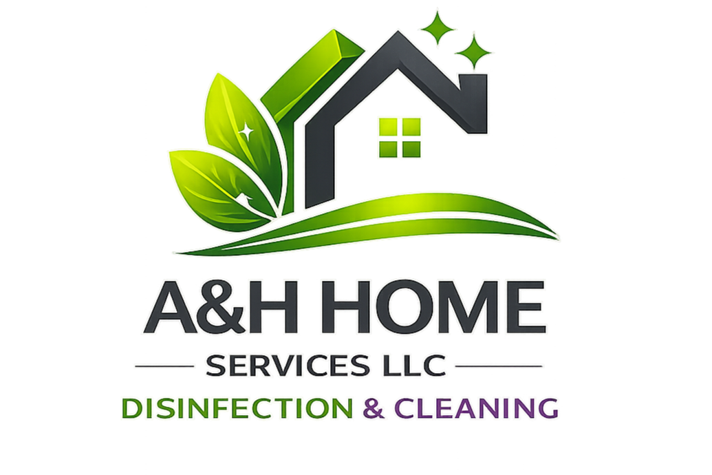Logo for A&H Home Services LLC featuring a house with green leaves and grass, with text for disinfection and cleaning services.