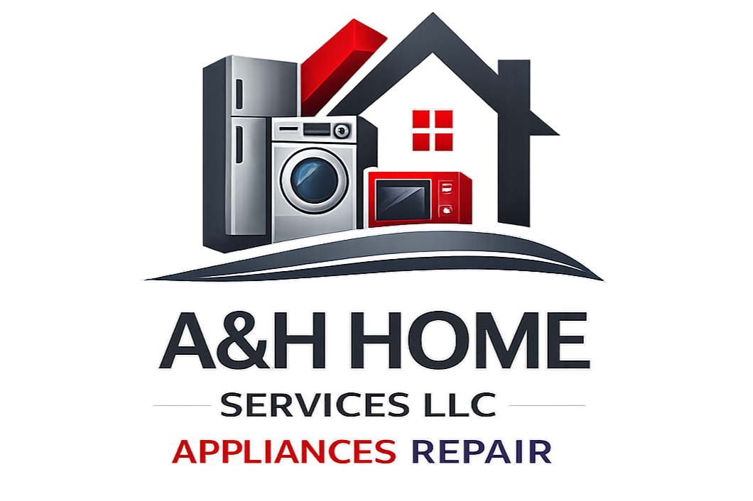 Logo for A&H Home Services LLC indicating appliances repair, with images of household appliances and a house silhouette.