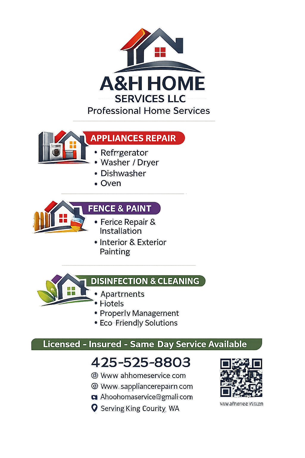 Flyer for A&H Home Services LLC, offering home repair and cleaning services. Sections for appliances repair, fencing and painting, and disinfection and cleaning, including contact info and QR code.