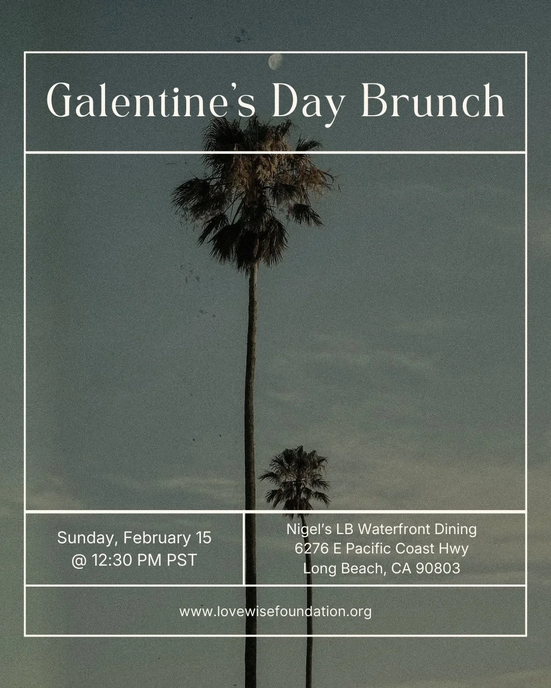 ⬇️⬇️⬇️2 more seats left! ⬇️⬇️⬇️

This Galentine&rsquo;s Day brunch marks the soft launch of LoveWise&trade; Foundation and is an intentional gathering with close friends and family to celebrate new beginnings.  You&rsquo;ll be acknowledged as a part 