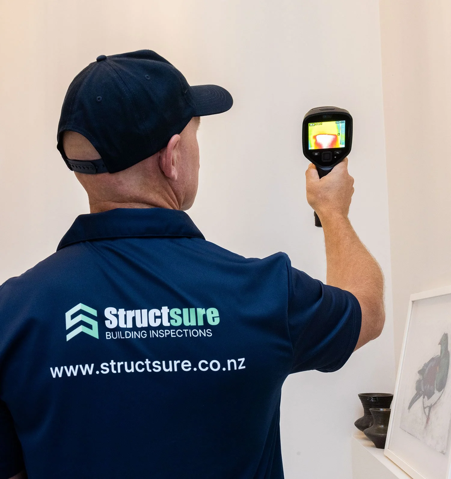 Man in a navy shirt and cap measuring wall with a thermal imaging device, with 'Structsure Building Inspections' logo on shirt, inside a room with artwork and decorative vases.