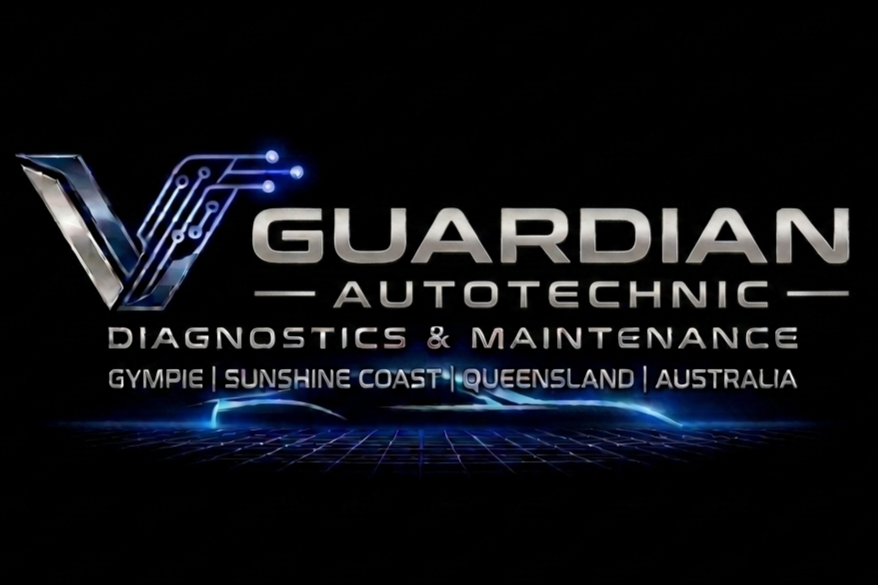 Guardians Autotech Diagnostics and Maintenance logo with location details in Gympie, Sunshine Coast, Queensland, Australia, featuring futuristic design elements.