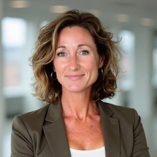 A woman with curly, shoulder-length hair smiling in an office setting.