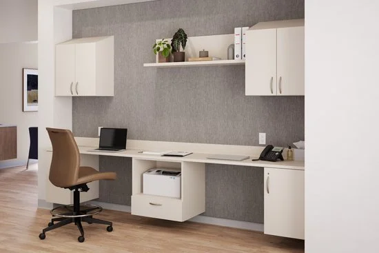 Office workspace with a beige swivel chair, a white desk with a computer, a phone, and storage cabinets, against a gray textured wall with a shelf holding plants, books, and decorative items.