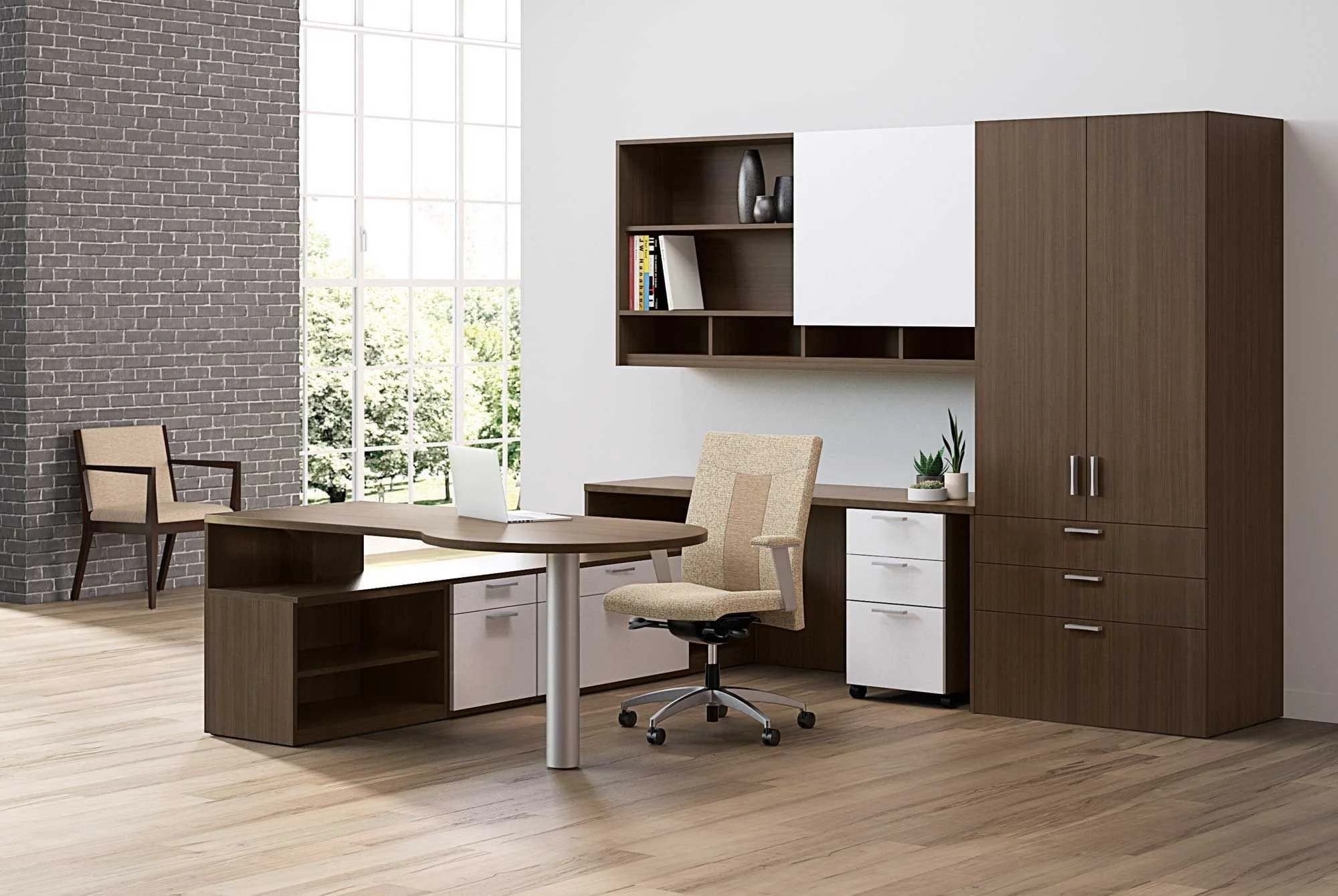 Modern office with wooden desk, beige ergonomic chair, white and wood storage cabinets, and a large window showing greenery outside.