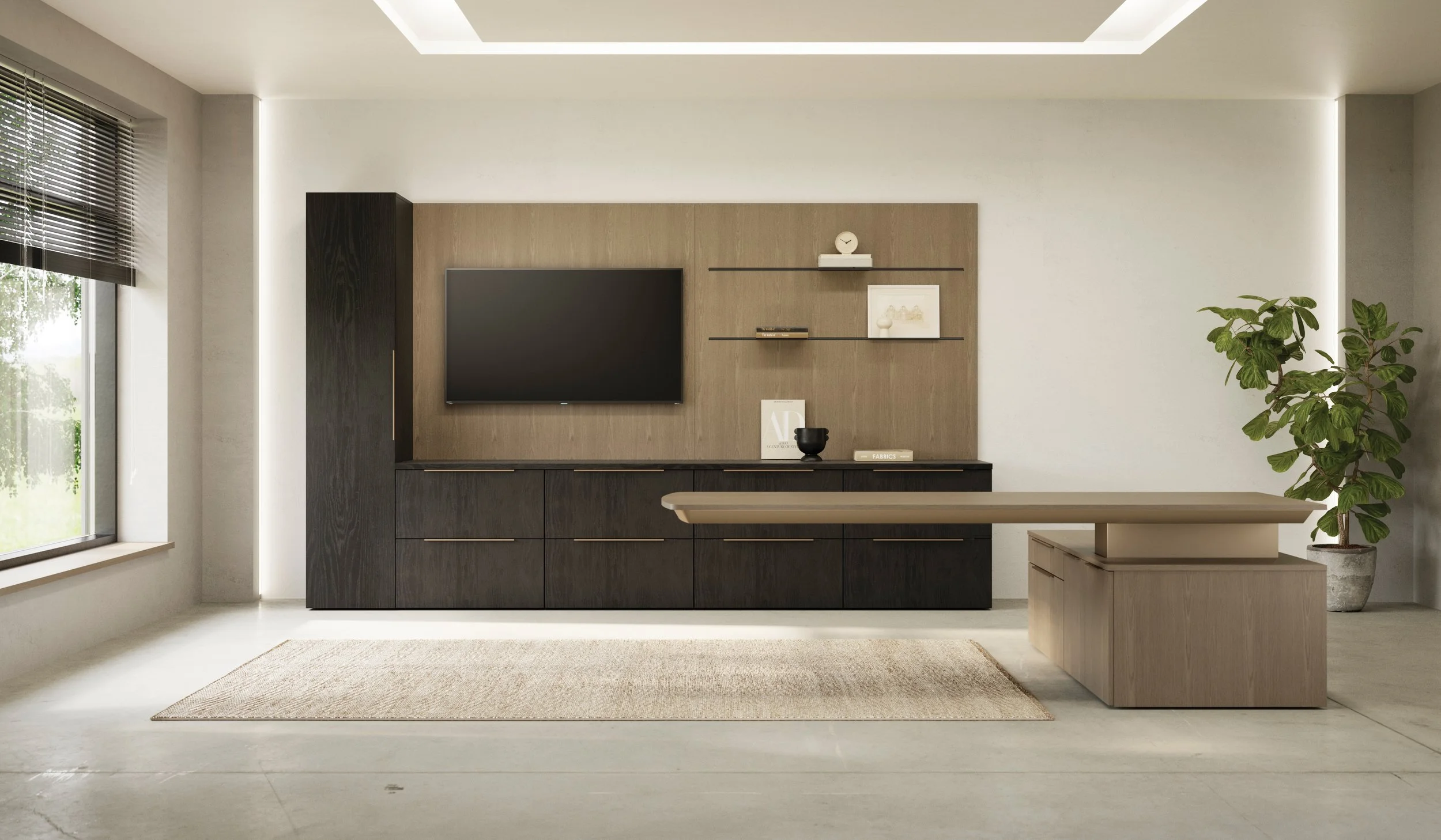 Modern living room with a large window, light-colored walls, a textured beige rug on the floor, a flat-screen TV mounted on a wooden accent wall, a black cabinet and shelving, a potted plant in the corner, and a beige desk in the foreground.
