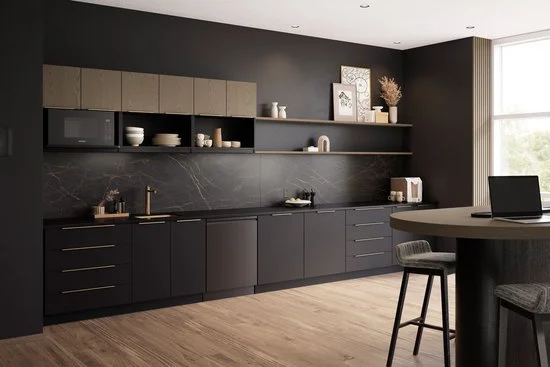 Modern kitchen with black cabinets and a black backsplash, beige upper cabinets, open shelving with decorative items, a round dining table with a laptop, and a window with blinds