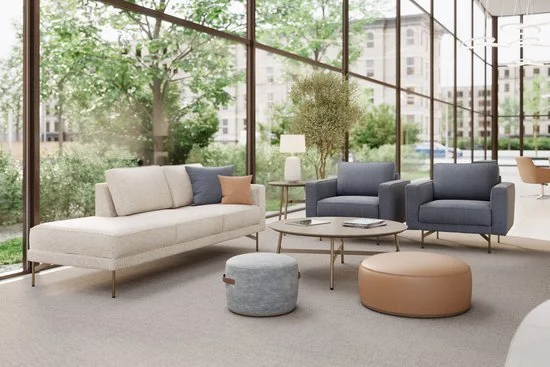 Modern lobby area with beige and blue sofas, round coffee tables, and large windows showing greenery outside.