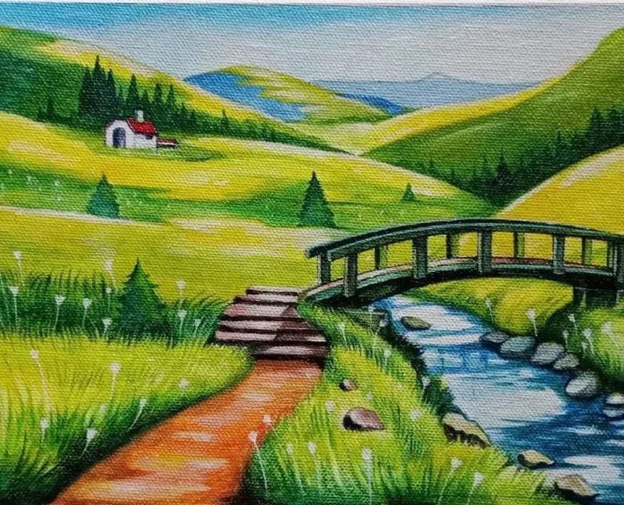 Painted landscape with green hills, a small bridge over a stream, a dirt path leading to stairs, and a small house with a red roof in the distance.