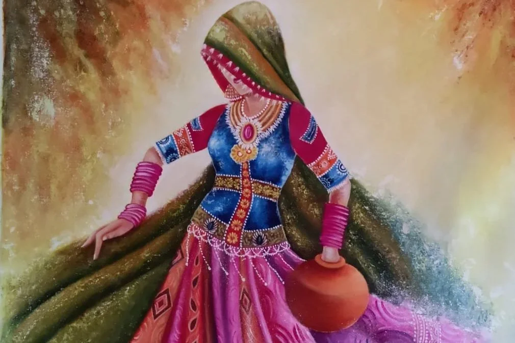 Painting of a woman with a crocodile head, dressed in colorful traditional Indian attire, holding a clay pot, with a vibrant background.