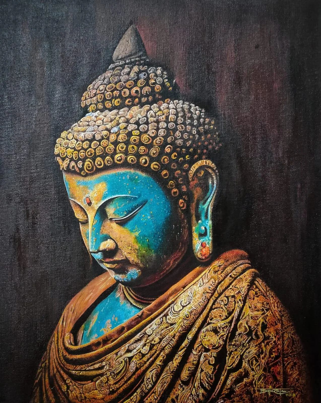 Painting of Buddha's face with vibrant blue and yellow colors, adorned with a golden, intricately patterned shawl against a dark background.