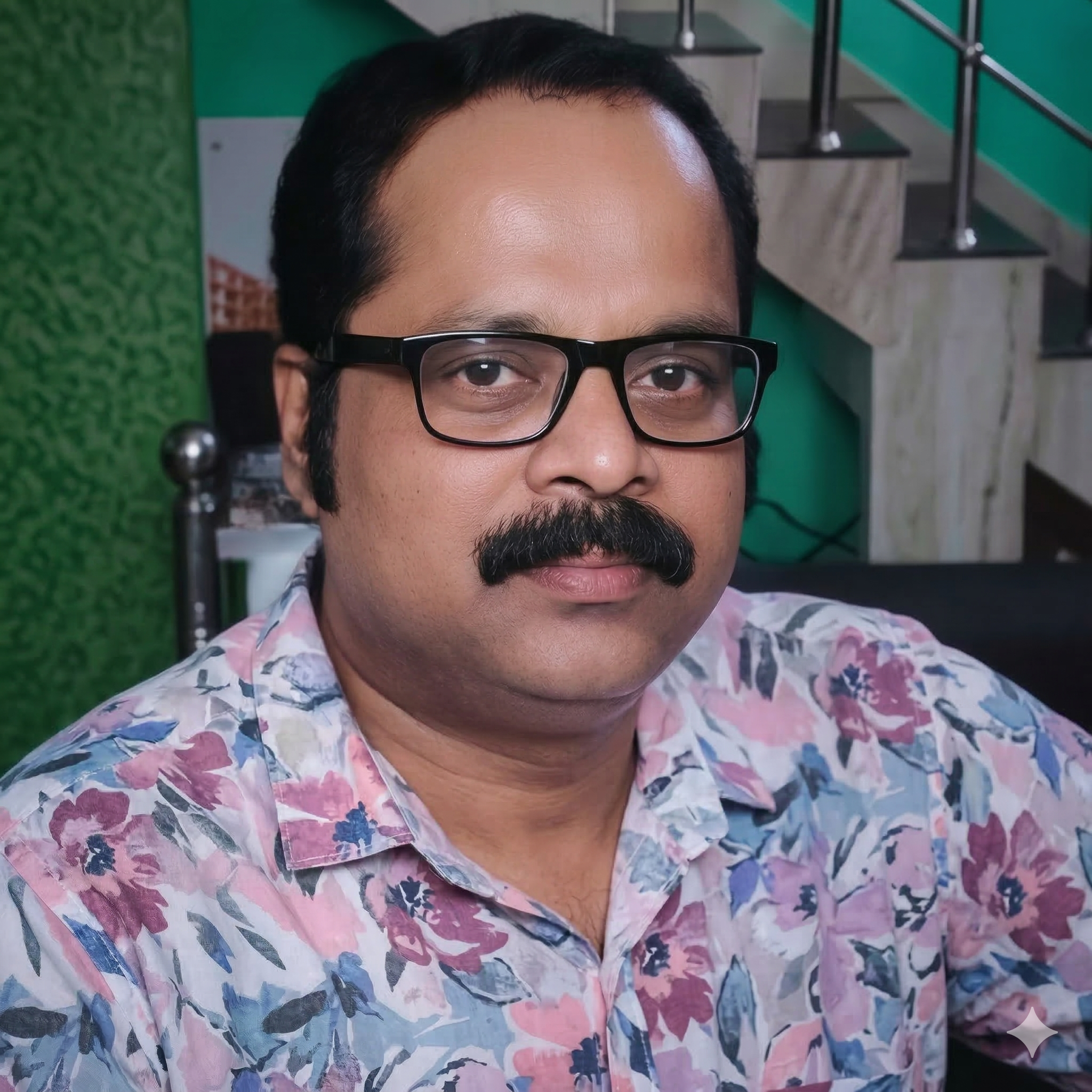 Close-up of a man with glasses and a mustache wearing a floral shirt, seated indoors with a green wall and staircase in the background.