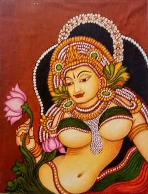 Colorful painting of a goddess with jewelry, holding a lotus flower, and wearing a headdress, against a reddish background.