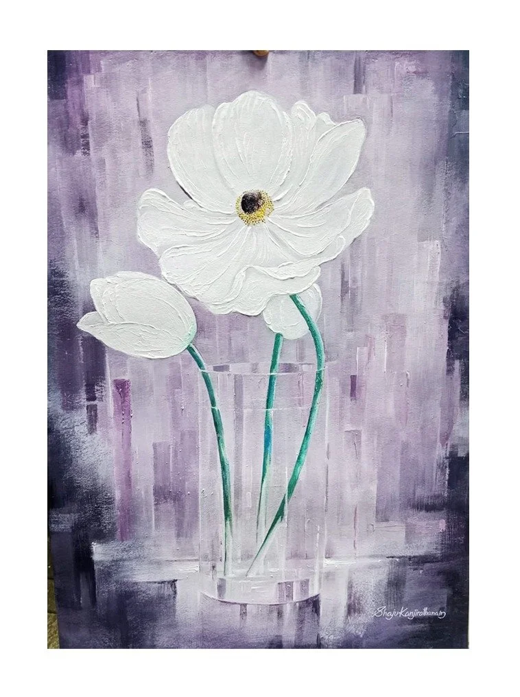 A painting of three white flowers in a glass vase against a purple background.