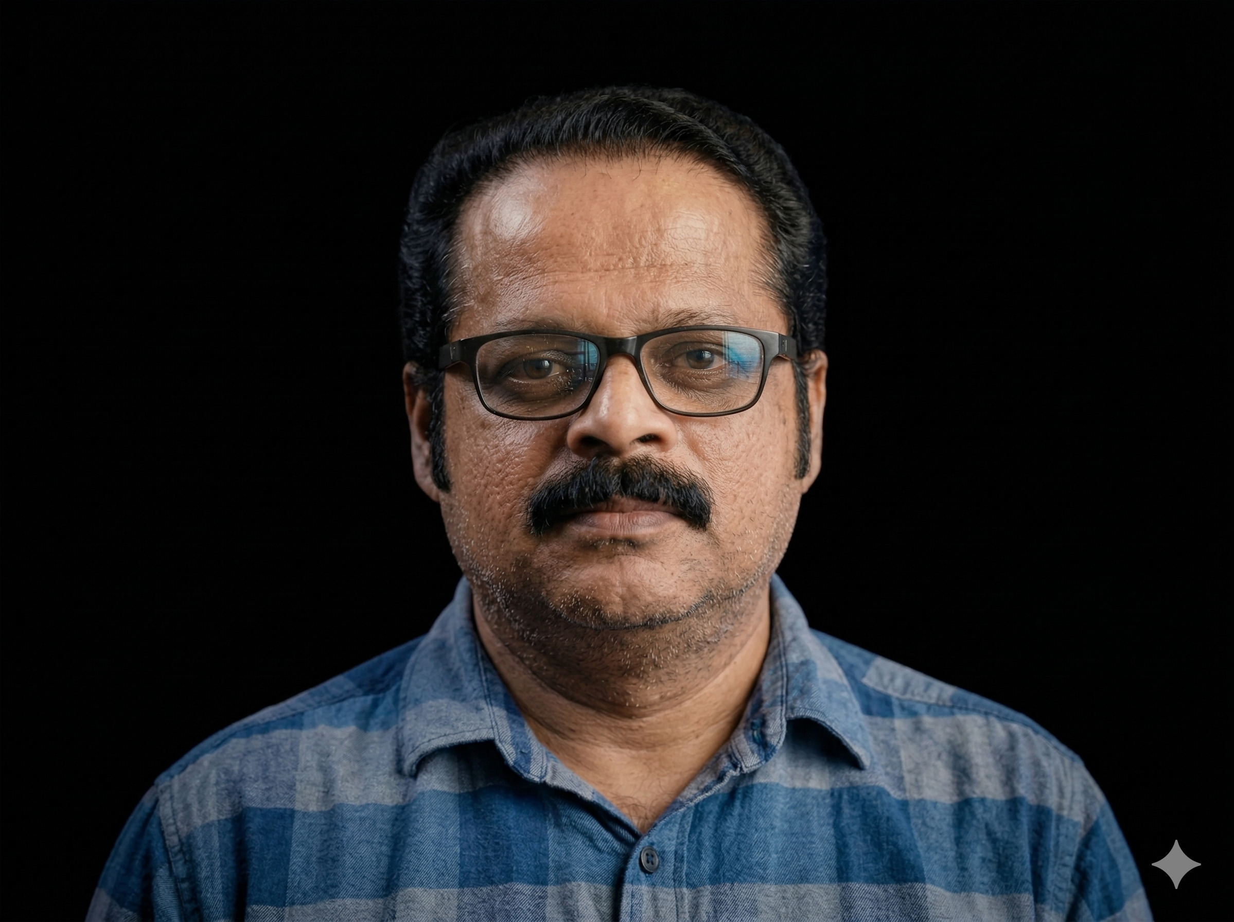 Portrait of a man with glasses and a mustache wearing a blue plaid shirt against a dark background.