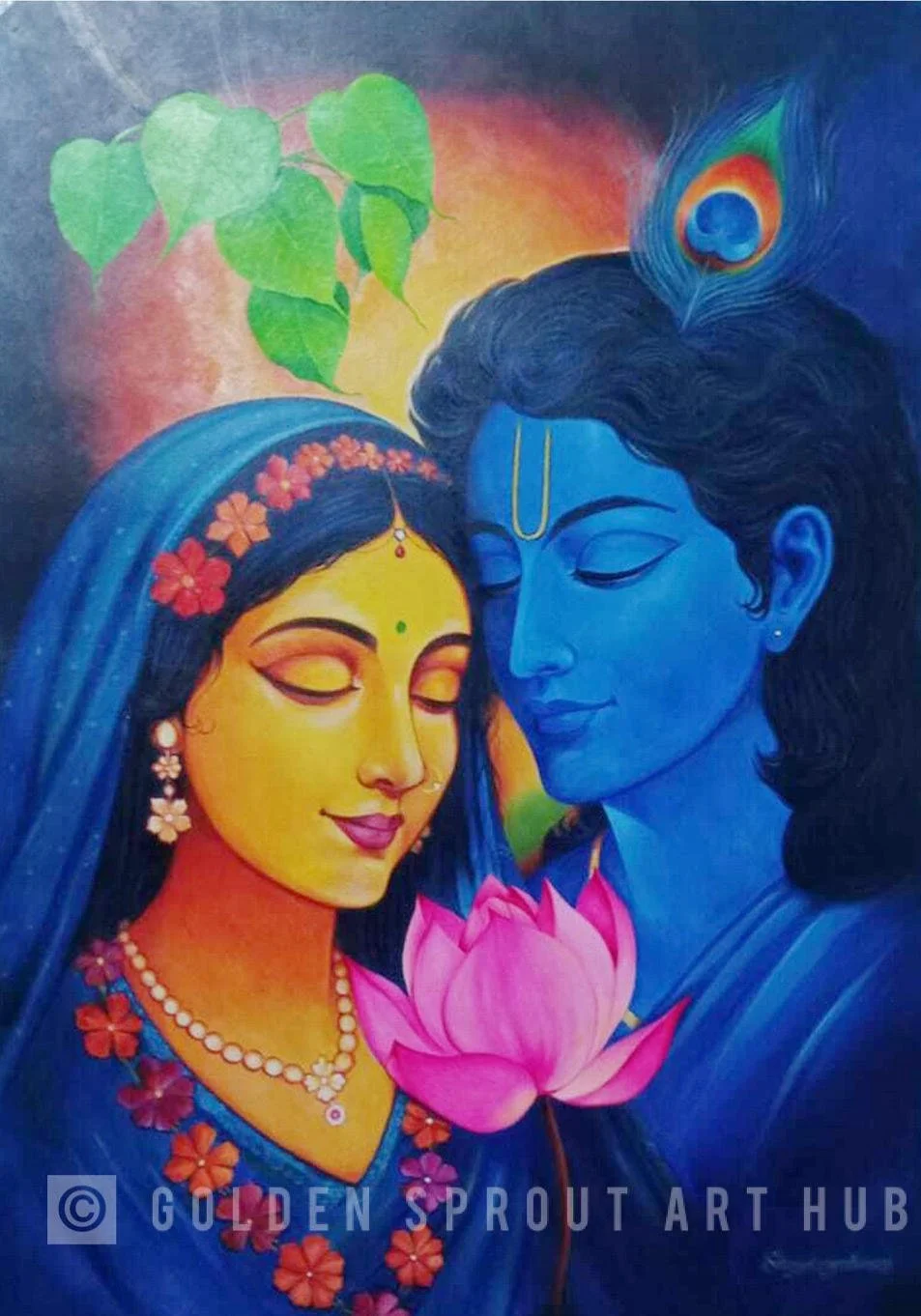 A colorful painting of Lord Krishna and Radha with closed eyes, sharing a tender moment. Radha is adorned with flowers, jewelry, and a blue veil, holding a pink lotus flower. Krishna is depicted in blue with a peacock feather in his hair, and a vibrant background with leaves and a rainbow-like glow.