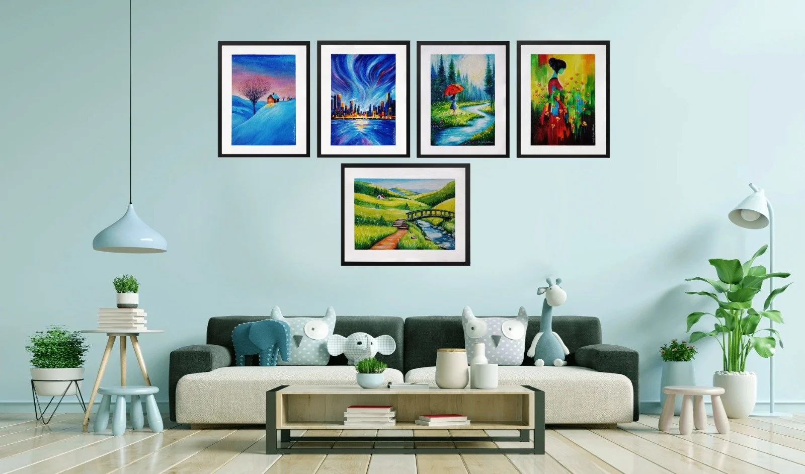 Living room with light blue walls, a dark gray sofa with animal plush toys, framed colorful landscape and cityscape paintings on the wall, wooden flooring, and various potted plants and lamps.
