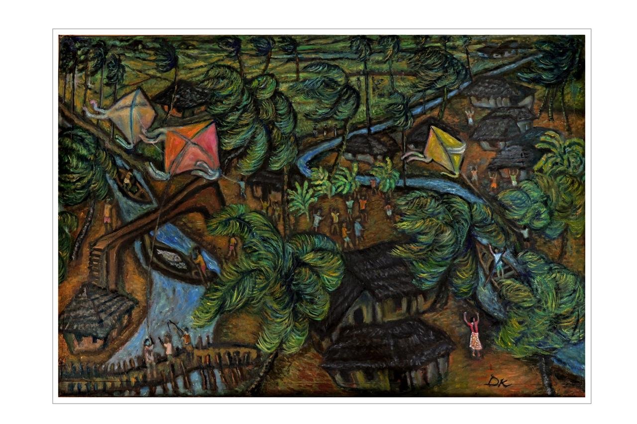Colorful painting of a tropical village with trees, a river, houses, people flying kites, and children playing.