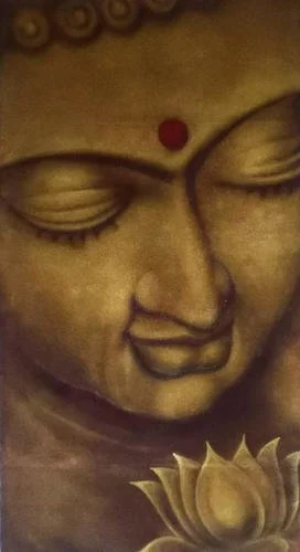 Close-up of a painted depiction of a serene face with closed eyes and a red dot on the forehead, featuring a lotus flower at the bottom.