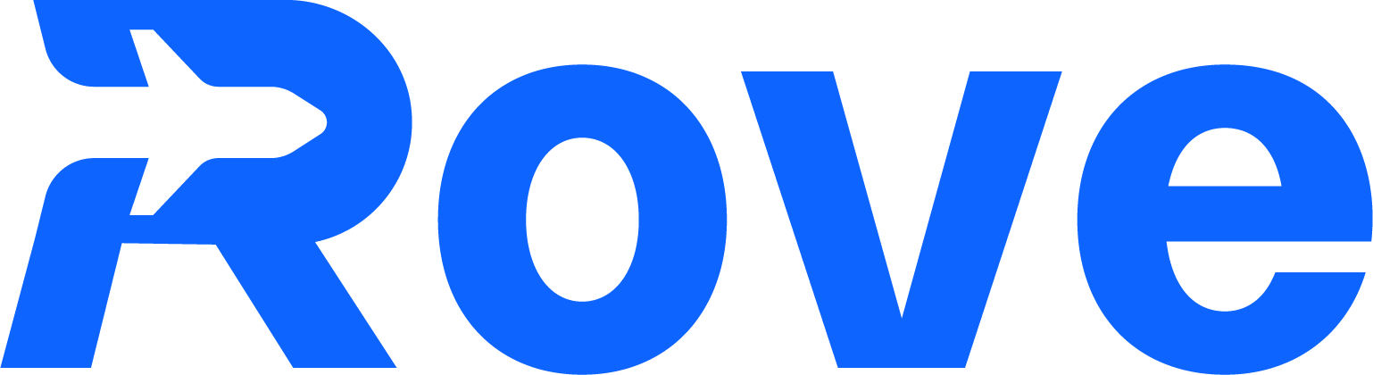 The word 'Rove' in large, blue text with a stylized arrow incorporated into the letter 'R'.