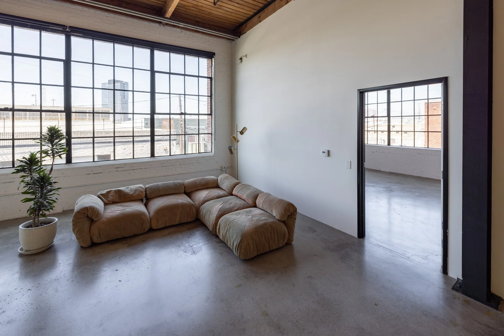 Living room with large industrial-style windows, a beige sectional sofa, a potted plant, and a modern floor lamp.