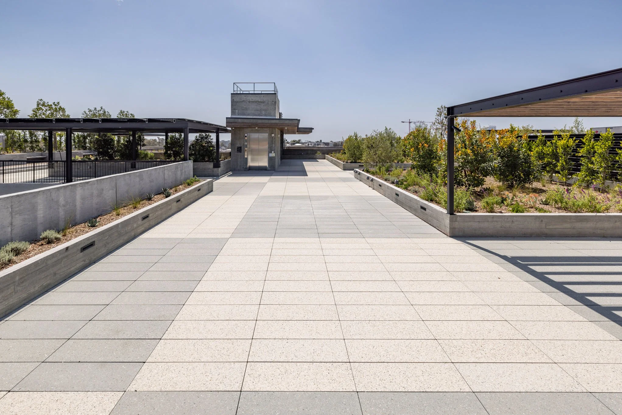 Rooftop garden with paved walkway, planters with plants, and a central elevator.