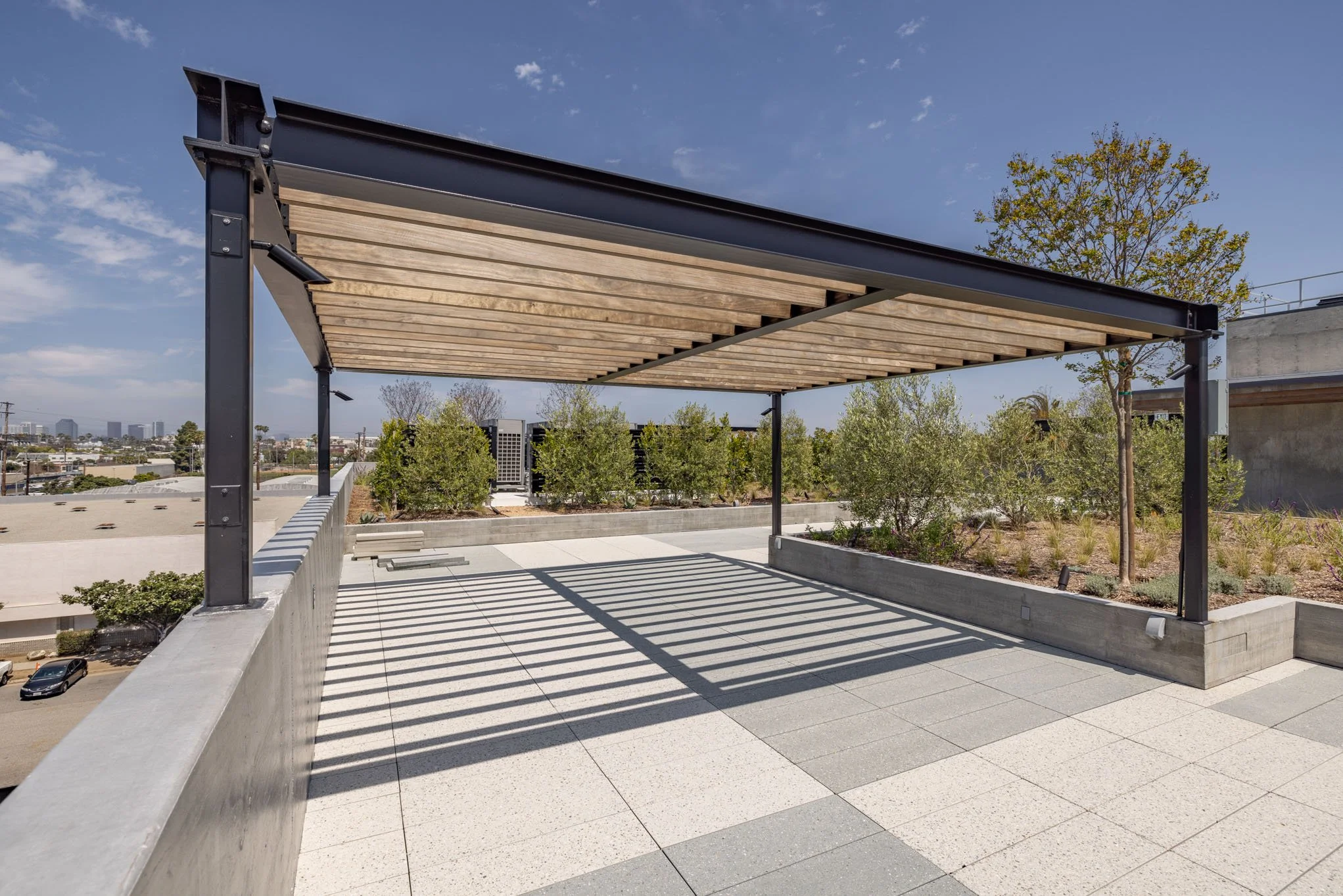 Rooftop terrace with pergola, trees, and city skyline in the distance under a partly cloudy sky.