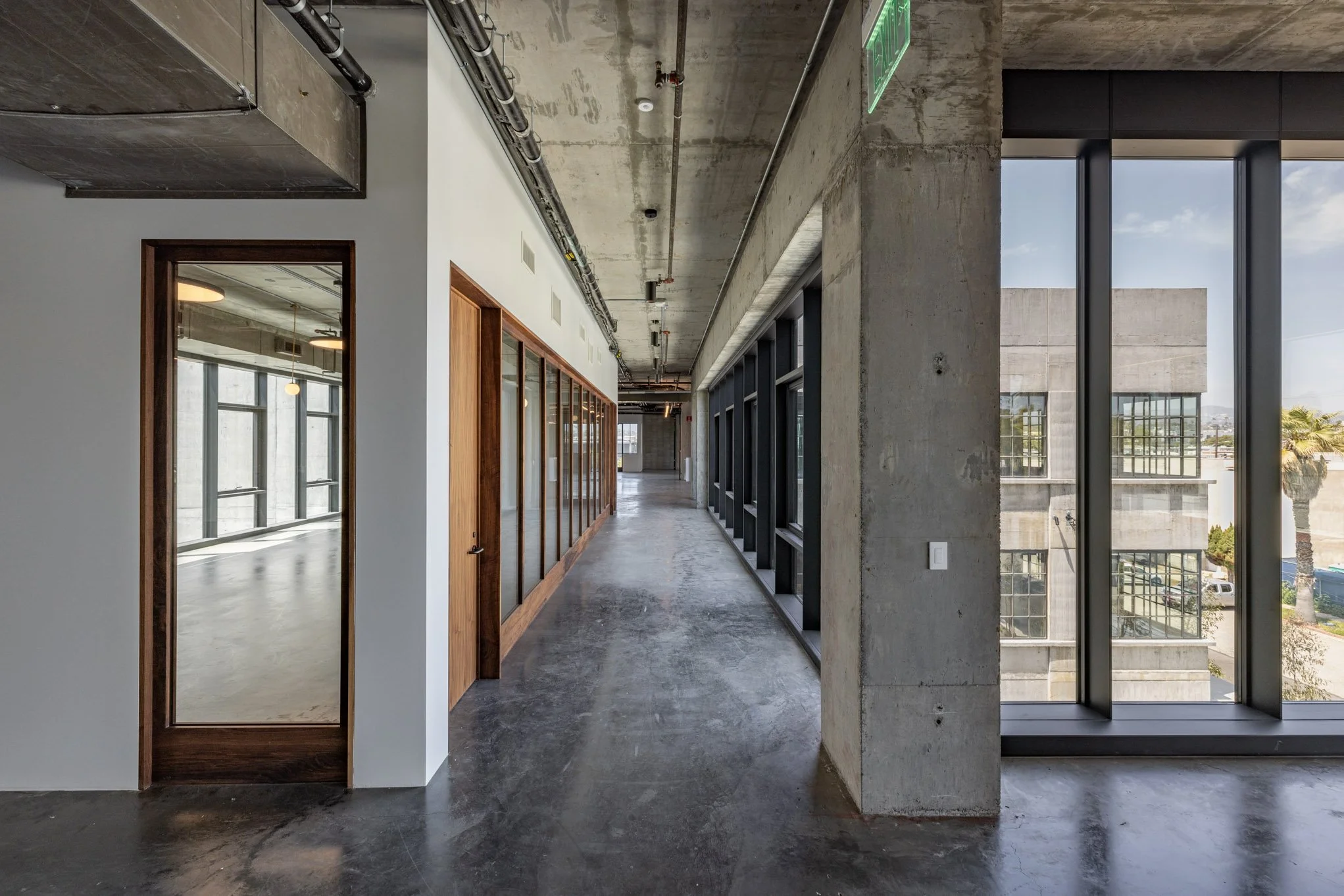 Interior view of a modern building hallway with concrete walls, large windows, and a combination of wood and black framed glass doors.