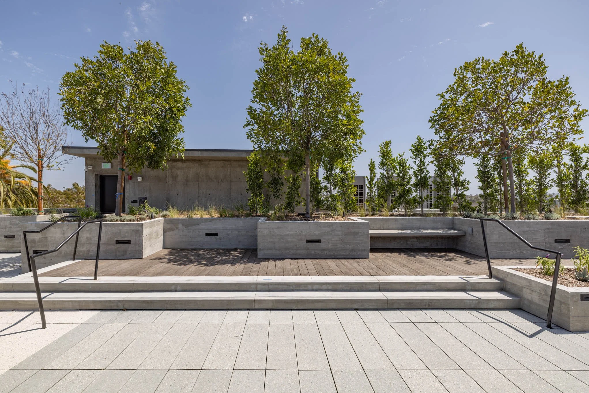 Concrete benches with metal railings, planter boxes with trees, and stairs leading up to a rooftop garden area on a sunny day.
