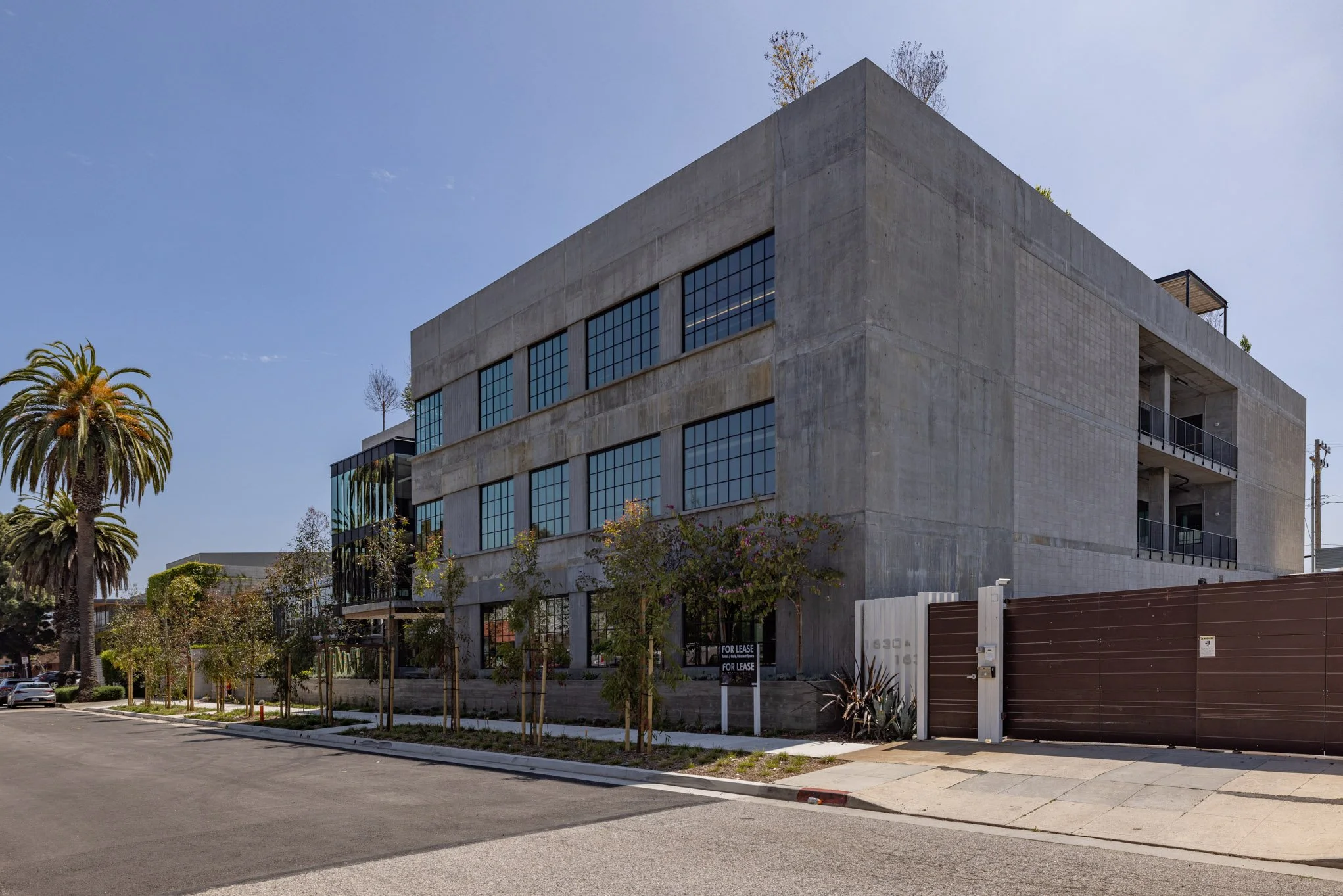 Modern multi-story building with large grid windows, trees, and a palm tree, with a street in front and a blue sky.