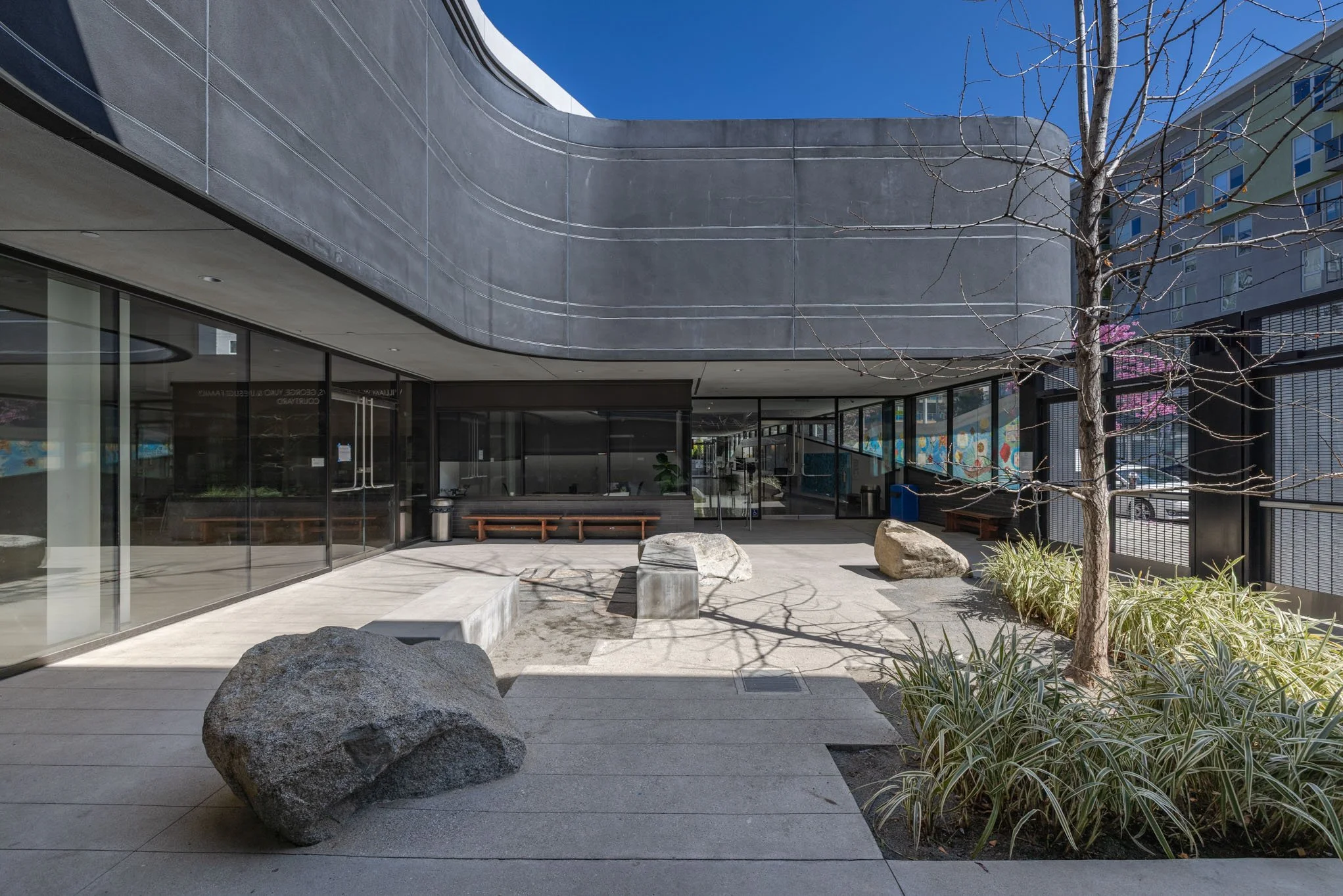 Modern building with curved gray concrete structure, glass entrance, benches, rocks, leafless tree, and plants in an outdoor courtyard.