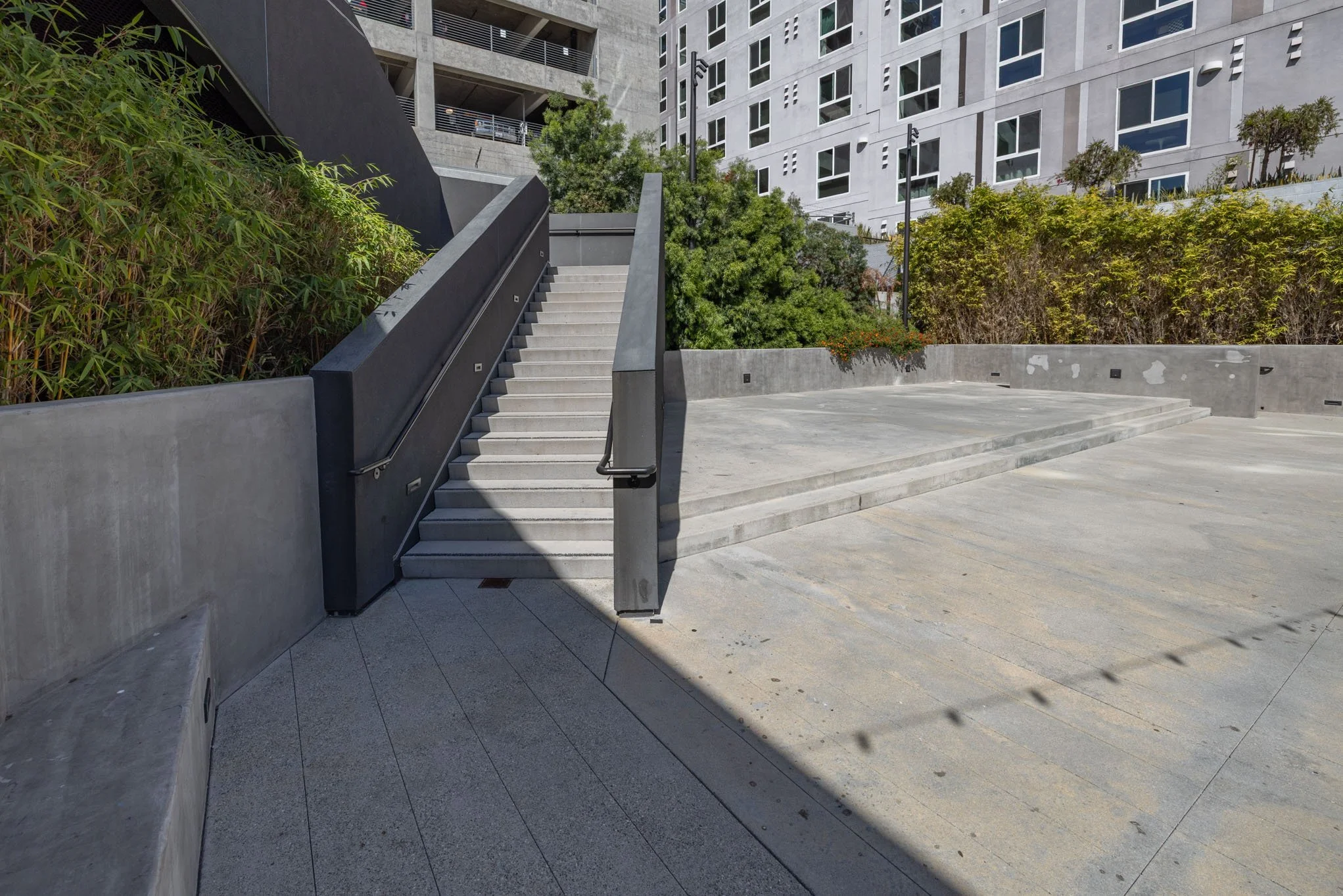 Concrete outdoor stairs with black handrails, leading up to a sidewalk, surrounded by bushes and trees, next to a modern multi-story building with large windows.