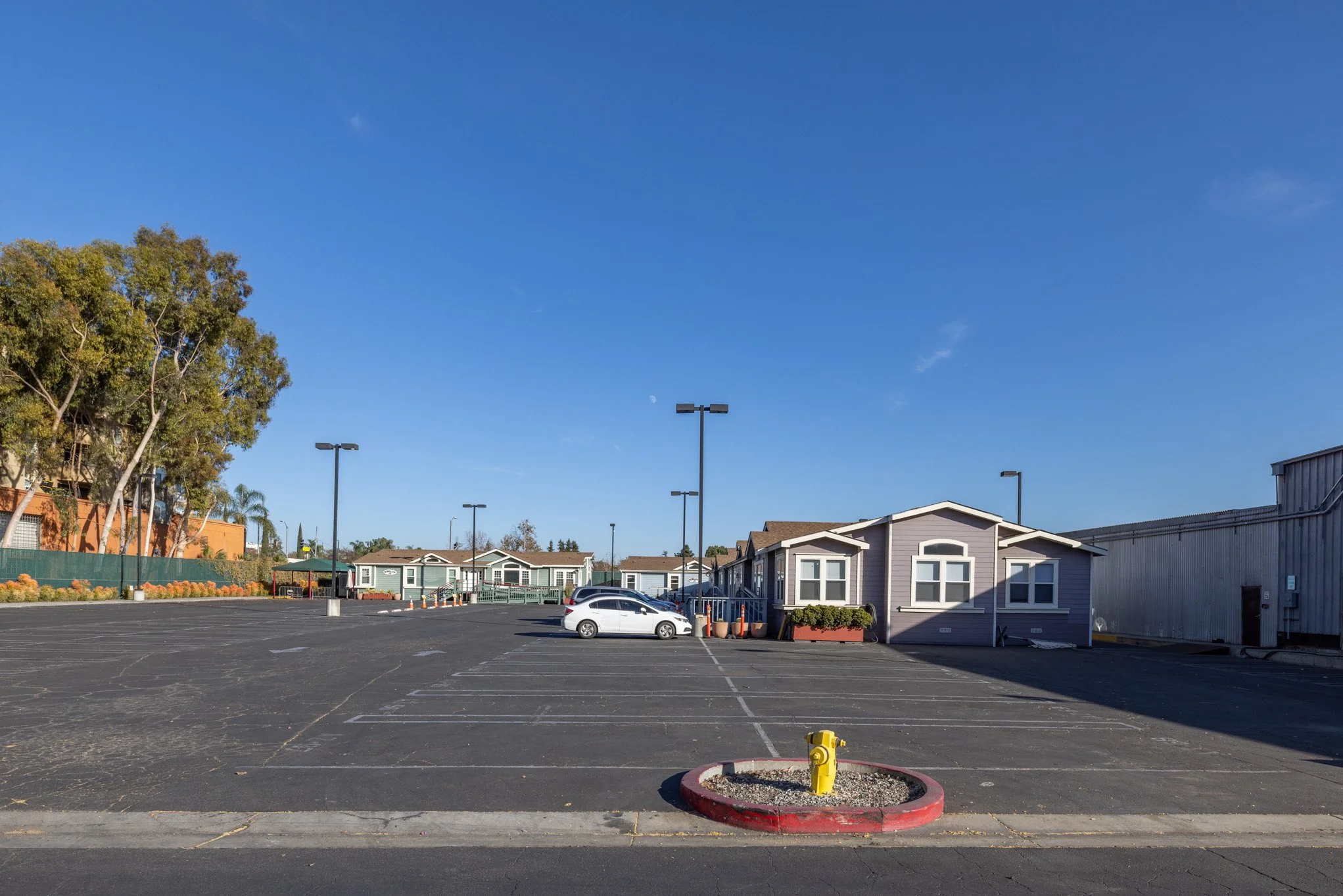 Empty parking lot with a few cars, a small purple building, trees, and a clear blue sky.