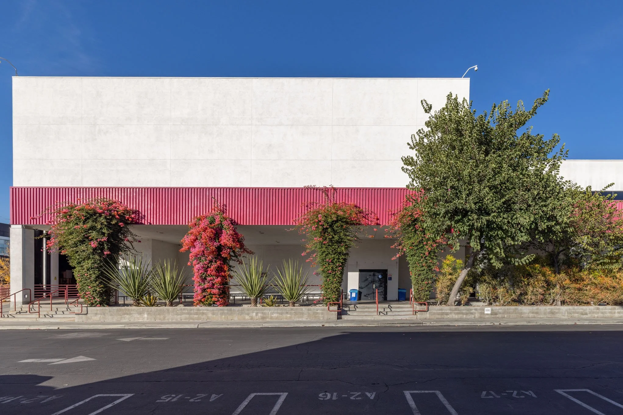 A large white building with a pink awning, surrounded by flowering bushes and green trees, under a clear blue sky.