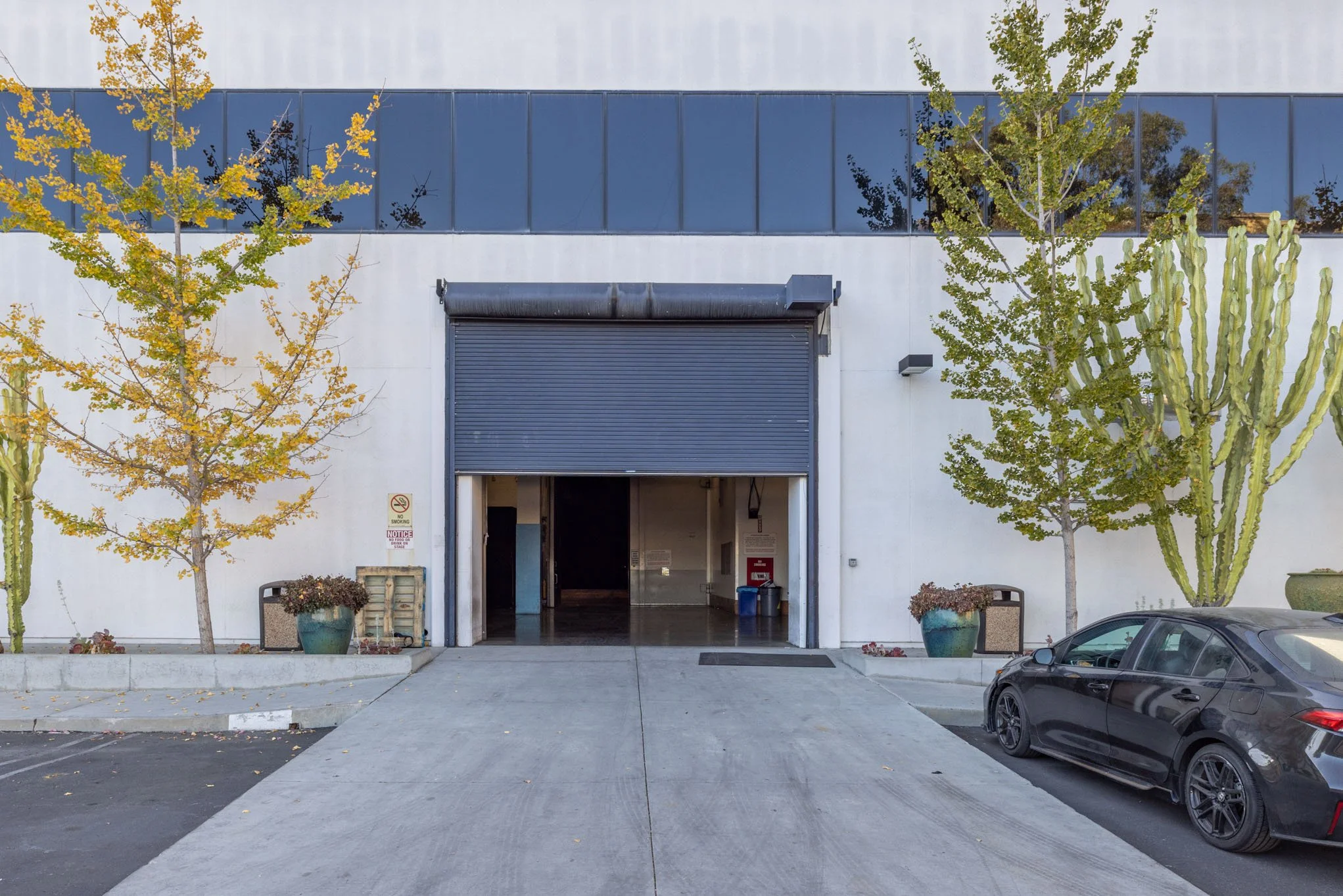 Exterior of a commercial building with a gray driveway leading to a partially open garage door. Two large umbrellas with potted plants and trees with autumn leaves are on either side of the entrance. A black car is parked in front to the right.