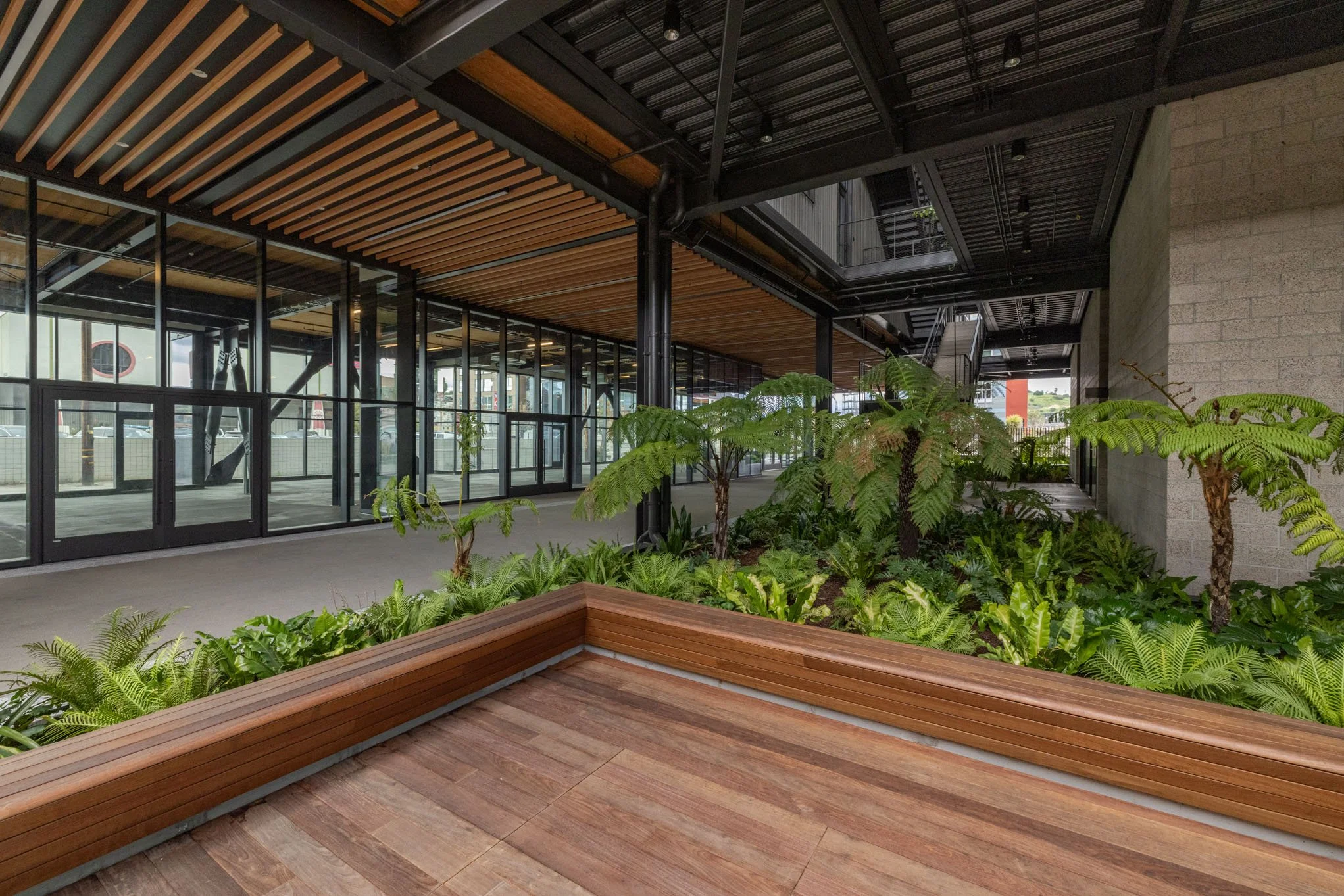Indoor space with a lush green garden area featuring ferns and small trees, a wooden bench in the foreground, and large glass windows with a wooden ceiling above.