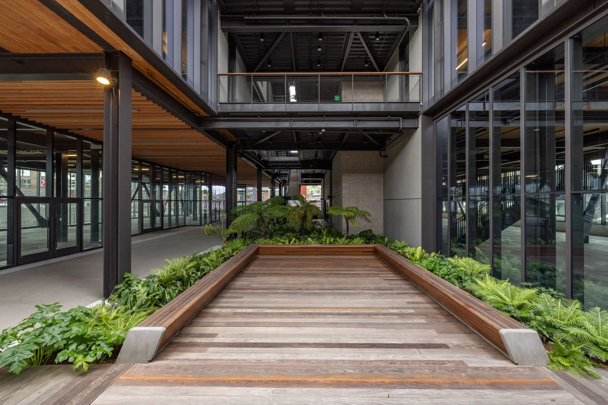 Interior view of a modern building with glass walls, metal framing, wooden floors, and indoor plants.