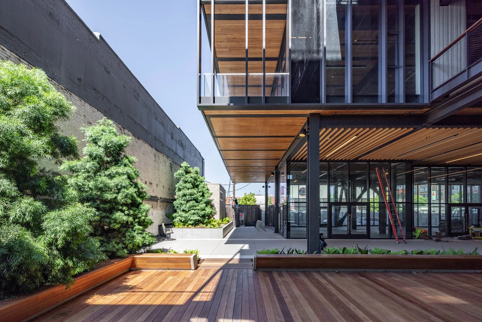 Modern building with glass windows and wooden accents, surrounded by green trees and plants, with a wooden deck in the foreground.