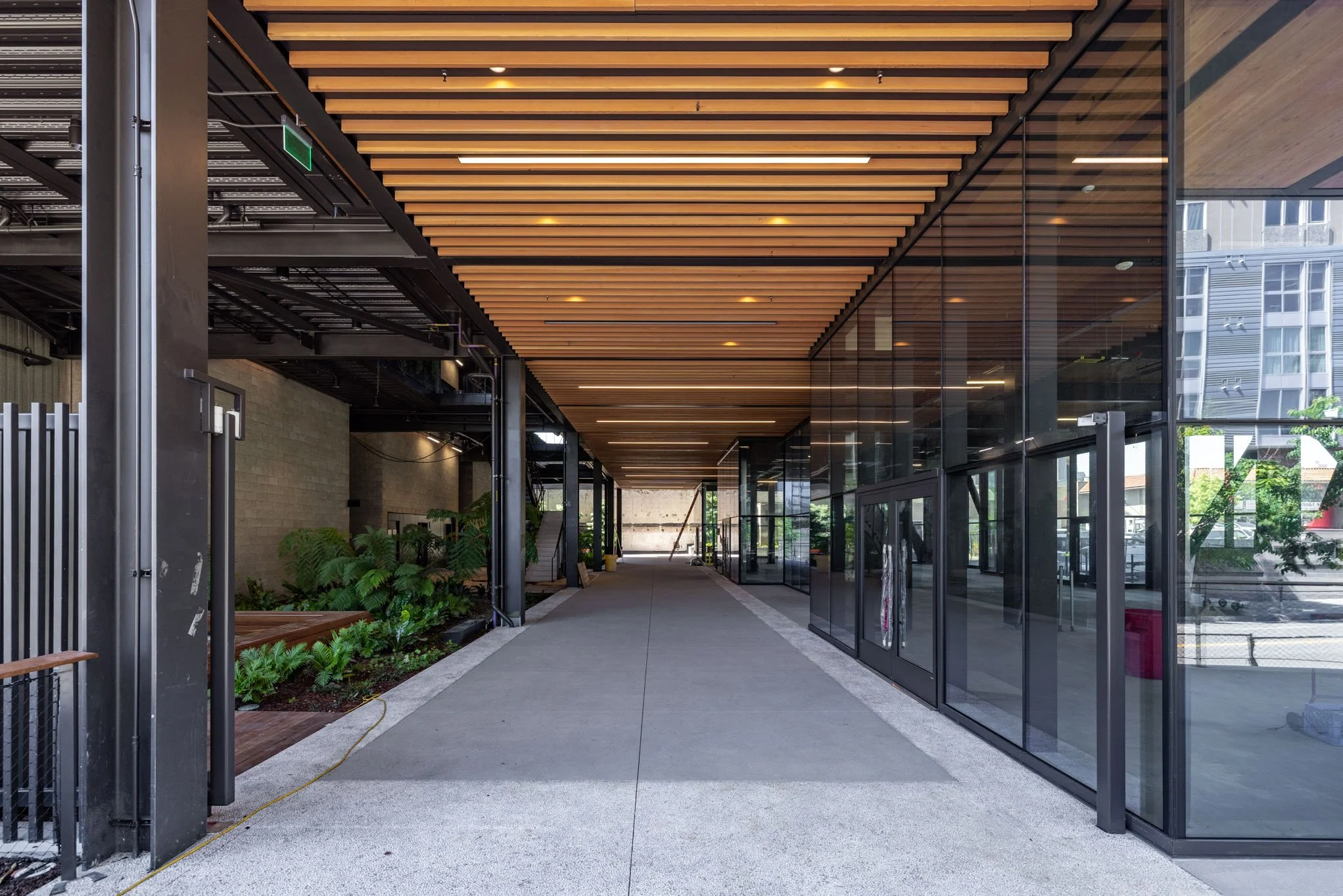 Modern building entrance with glass walls, a wooden slatted ceiling, and a concrete walkway.