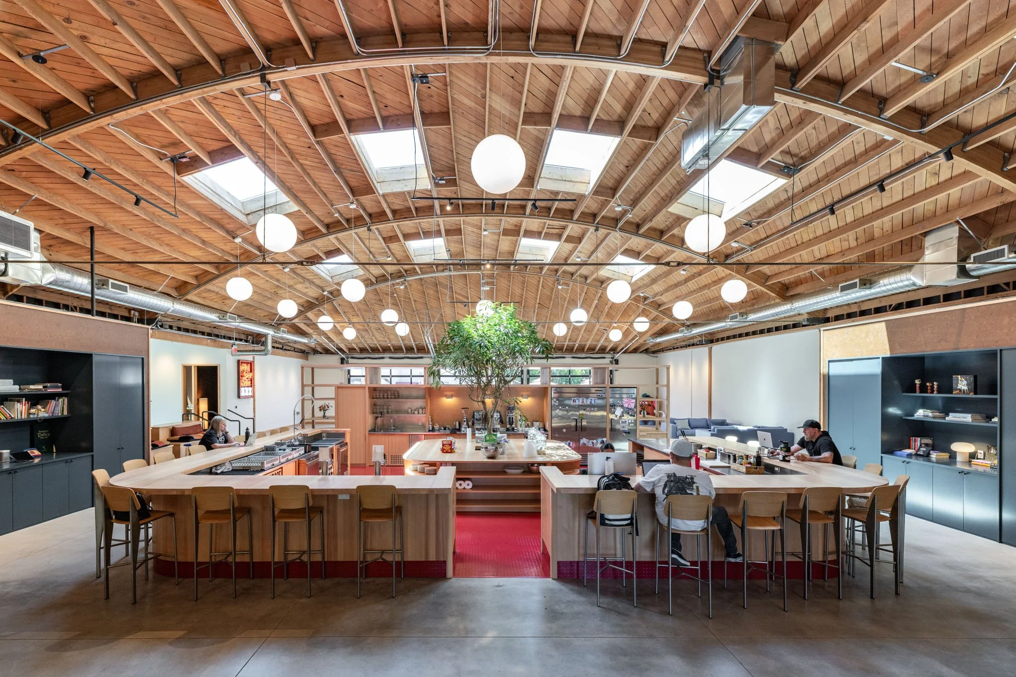 A spacious, modern restaurant with a high, arched wooden ceiling, skylights, and hanging round white lights. There is a large central plant, a bar counter with stools, and shelves with books and decor. Patrons sit at the bar, enjoying their meals.