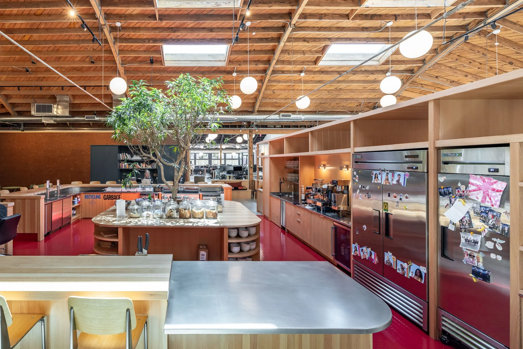 Open office kitchen with wooden ceiling, large indoor tree, refrigerators with photos and magnets, coffee stations, and seating area.