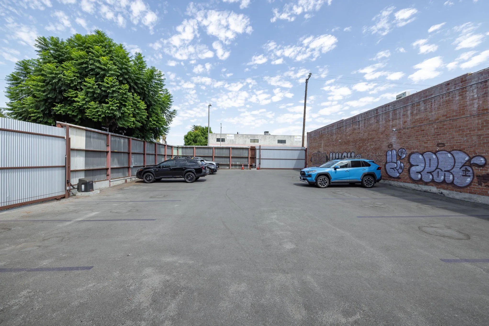 Empty parking lot with three parked cars, a green tree, a chain-link fence, an old brick wall with graffiti, and a cloudy sky.