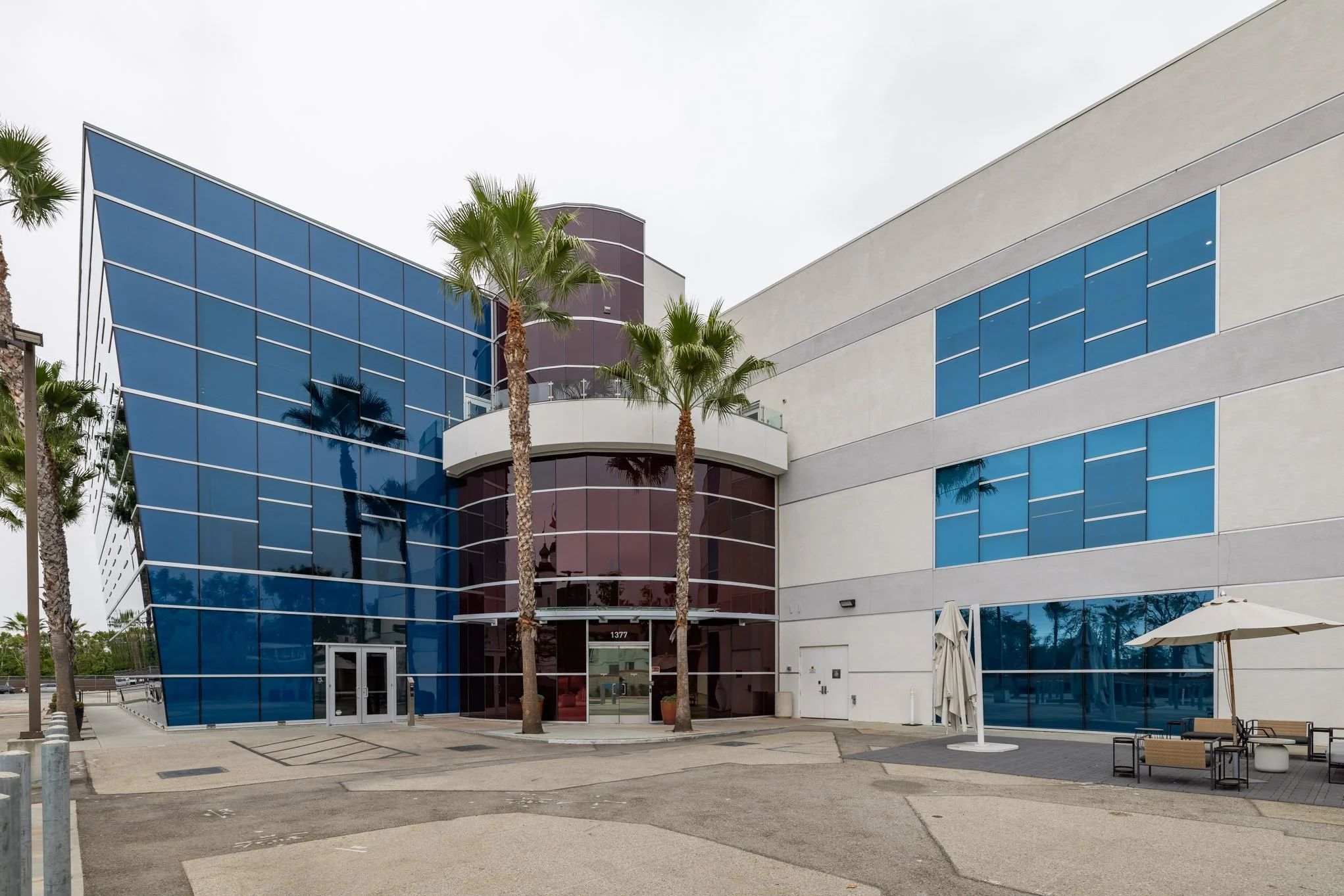 Modern office building with blue-tinted glass windows, three tall palm trees in front, and outdoor seating with umbrellas.