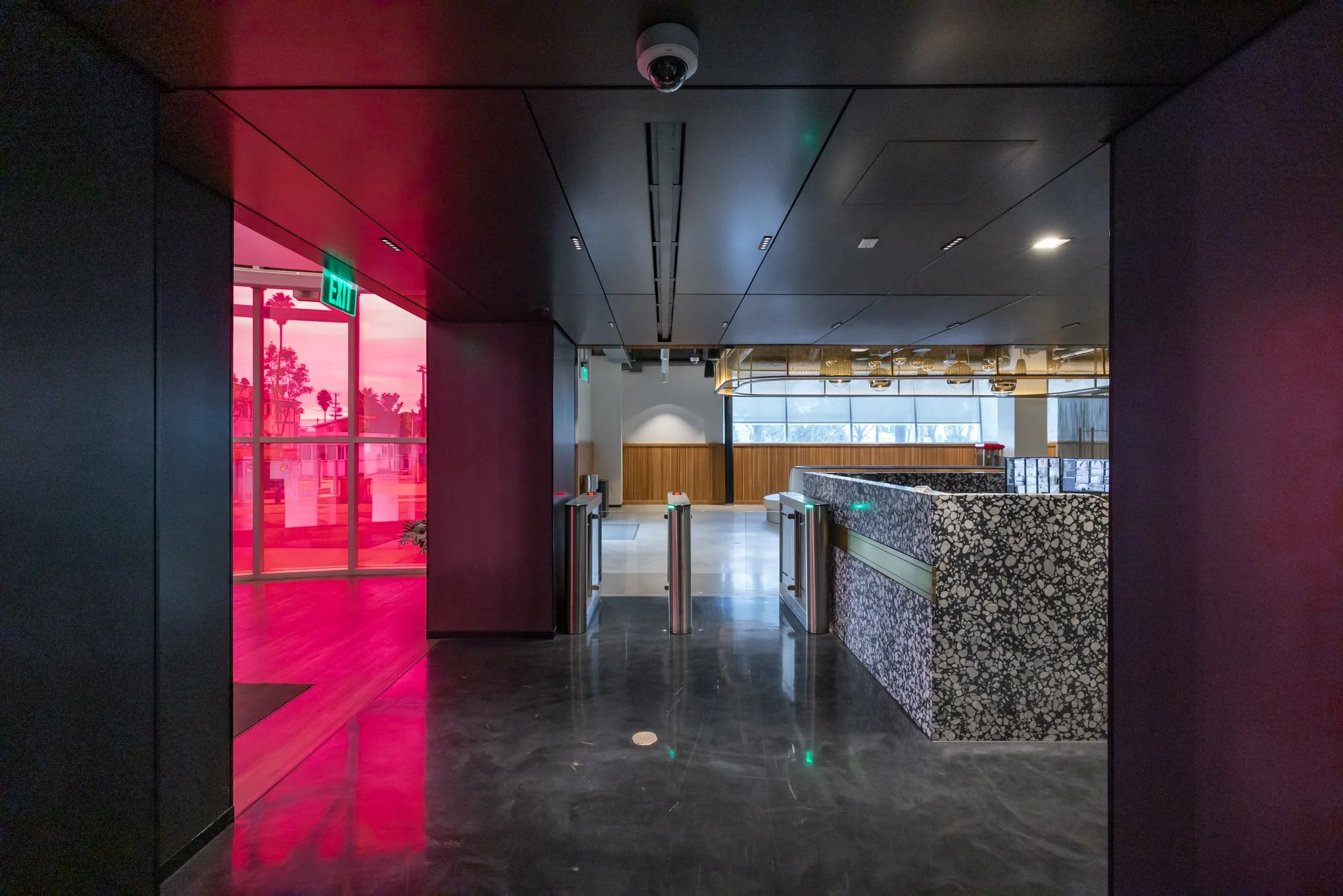 Interior view of a modern building entrance with turnstiles, a patterned reception desk, and large windows showing palm trees outside. The left side has pink-tinted glass doors with an illuminated green exit sign.