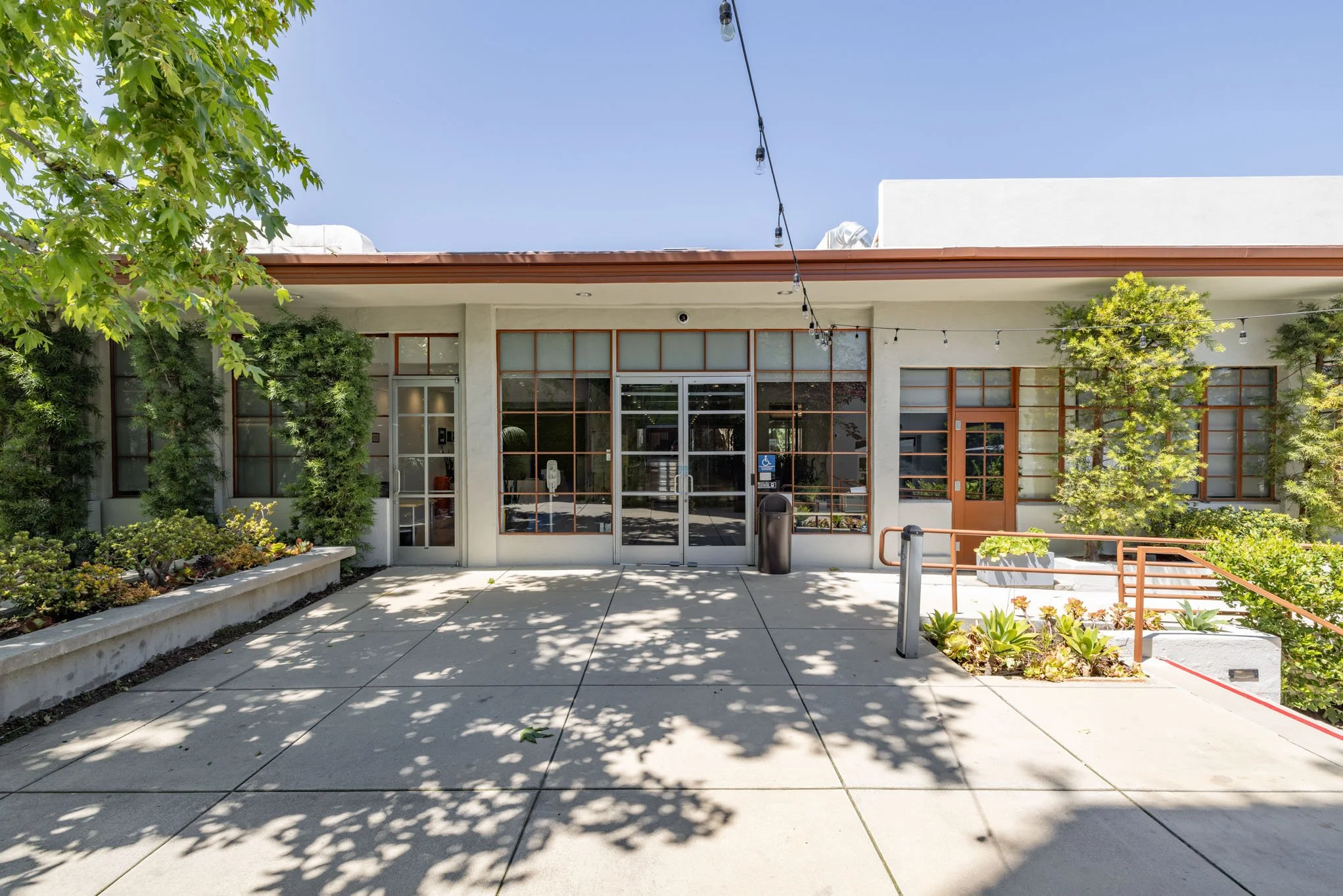 Exterior of a modern building with large glass windows, trees, plants, and string lights in the outdoor courtyard