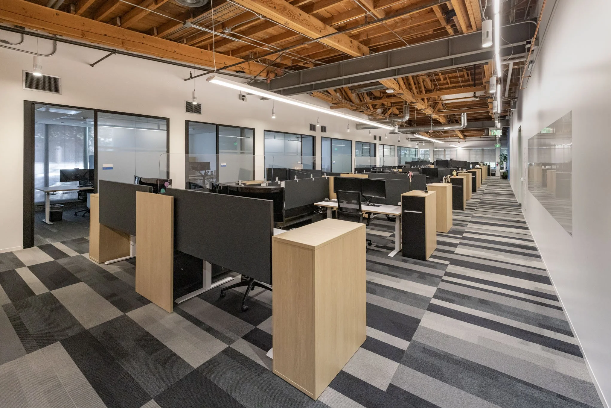 Empty modern office with multiple workstations, black dividers, glass-walled offices along the back wall, and a striped gray and black carpet.