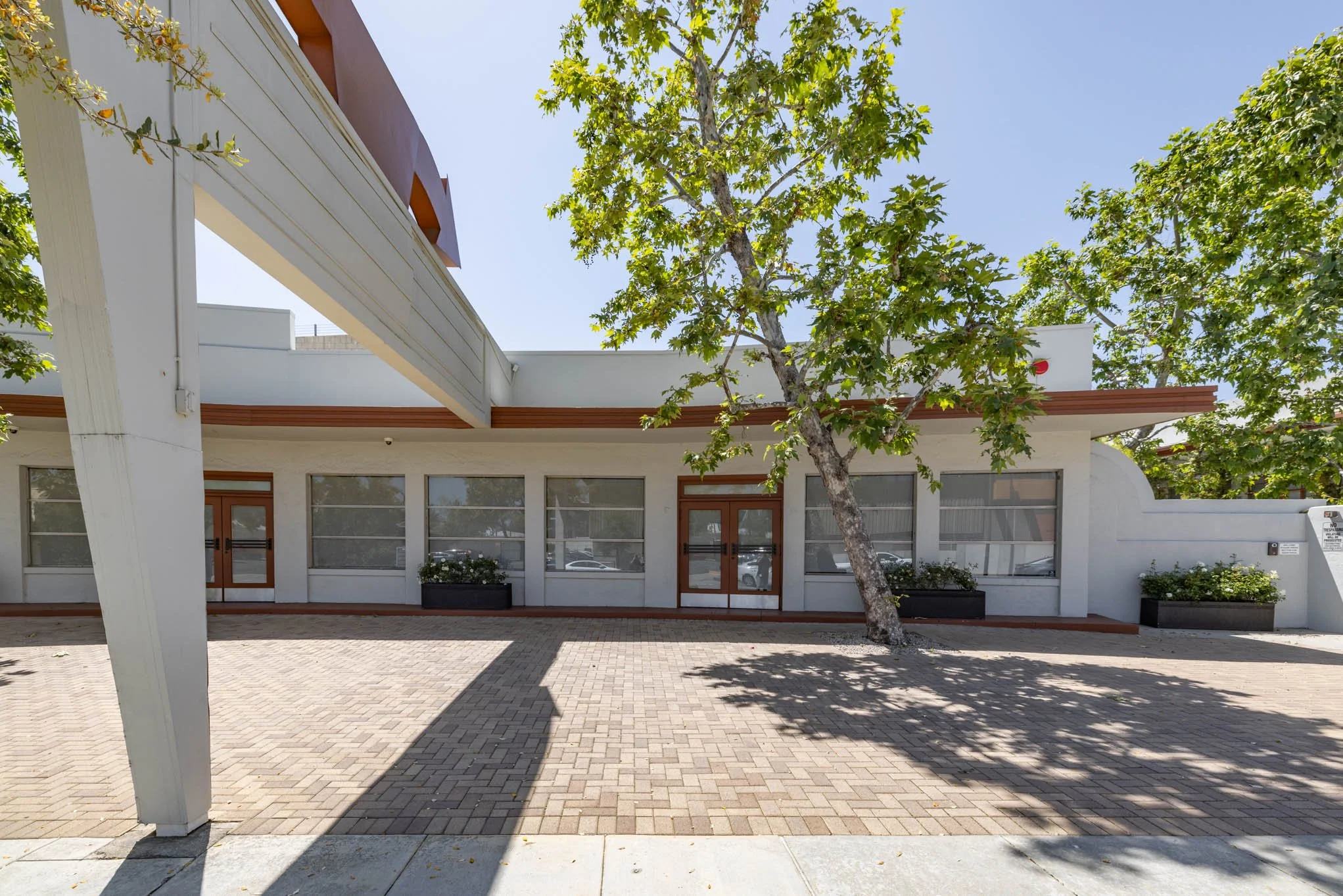 A modern, white building with large windows, a wooden door, and planters outside, with trees casting shadows on a paved sidewalk under a clear blue sky.