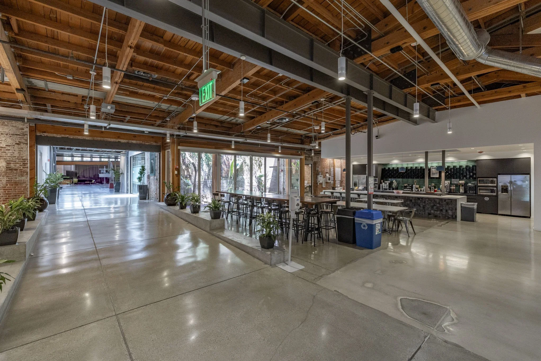 Empty indoor cafe with wooden ceiling, plants, and seating area near large windows